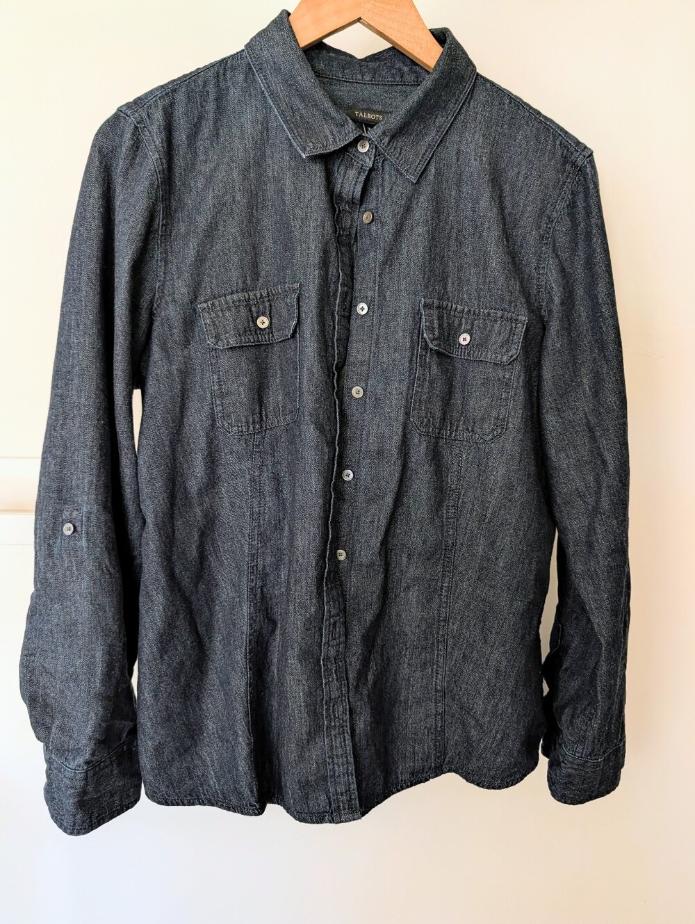 Talbots Women's Dark Navy Blue Wash Chambray Cotton Button Up Shirt Large